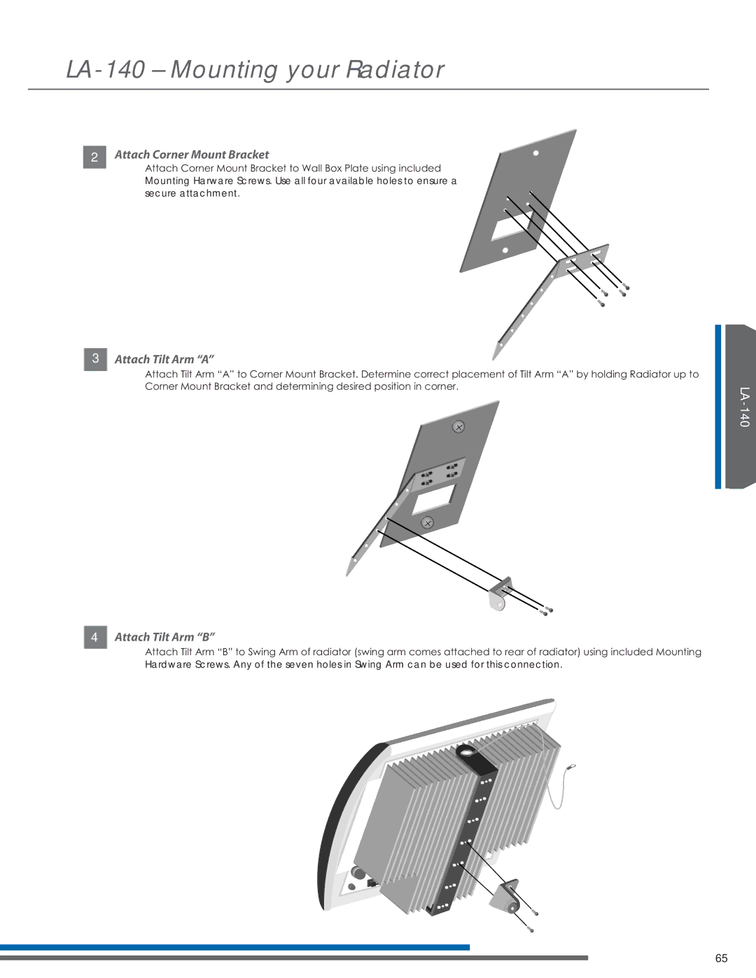 Listen Technologies LR-44, LR-42, LA-351, LA-350, LT-82LA manual Attach Corner Mount Bracket, Attach Tilt Arm a 