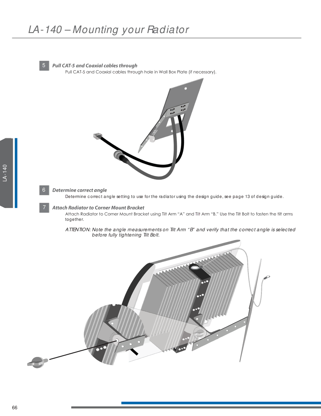 Listen Technologies LA-351, LR-42, LR-44 Pull CAT-5 and Coaxial cables through, Attach Radiator to Corner Mount Bracket 