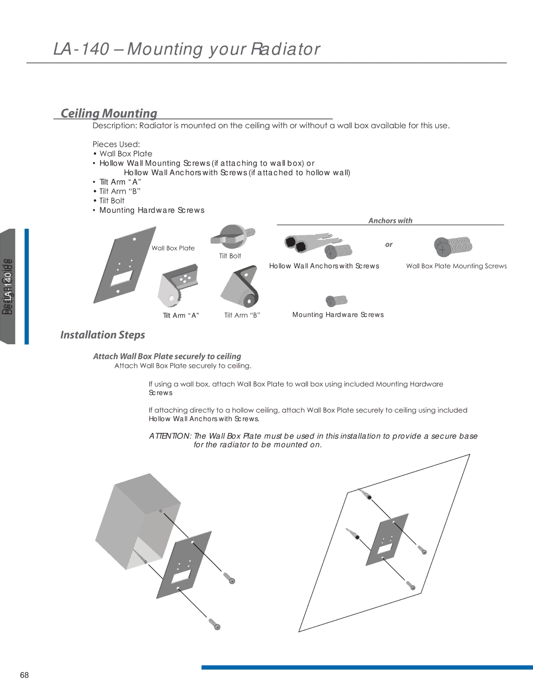 Listen Technologies LT-82LA, LR-42, LR-44, LA-351, LA-350 manual Ceiling Mounting, Attach Wall Box Plate securely to ceiling 