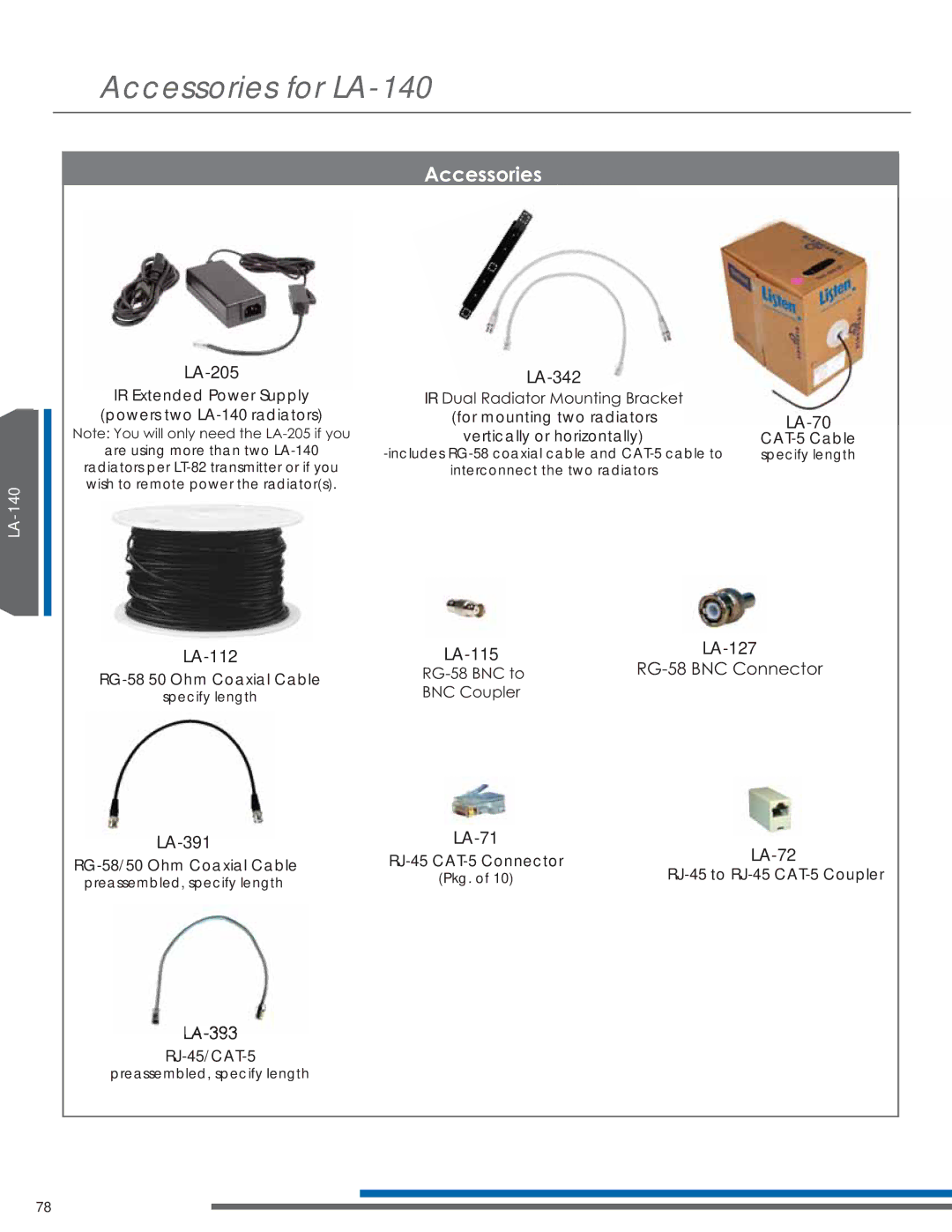 Listen Technologies LT-82LA, LR-42, LR-44, LA-351, LA-350 manual Accessories for LA-140, LA-205 LA-342 