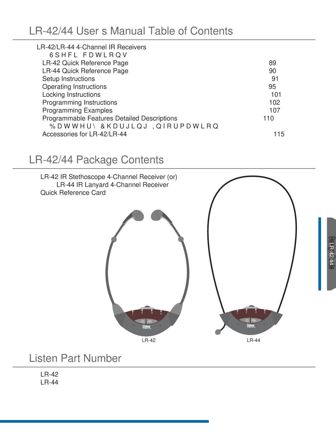 Listen Technologies LR-44, LA-351 LR-42/44 User’s Manual Table of Contents, LR-42/44 Package Contents, Listen Part Number 