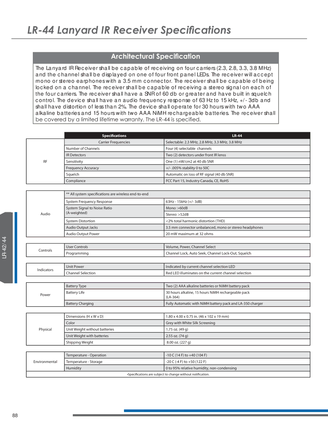 Listen Technologies LT-82LA, LR-42, LR-44, LA-351, LA-350 manual /DQ\DUG,55HFHLYHU6SHFLÀFDWLRQV 