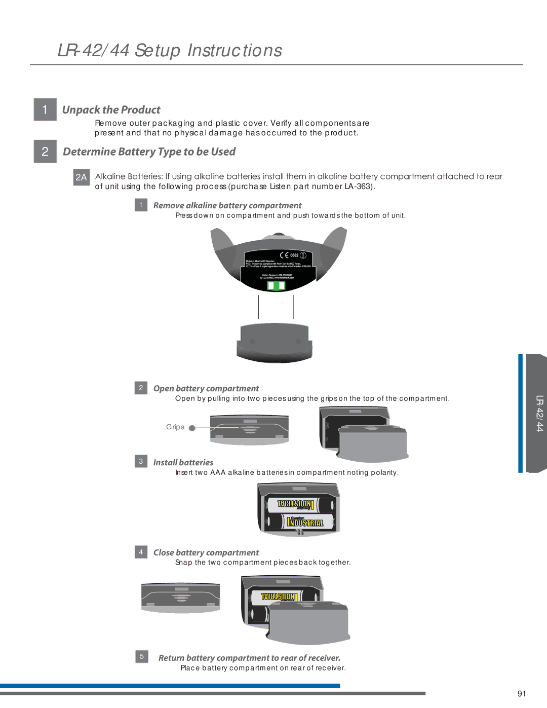 Listen Technologies LA-351, LR-44, LA-350, LT-82LA manual LR-42/44 Setup Instructions, Determine Battery Type to be Used 