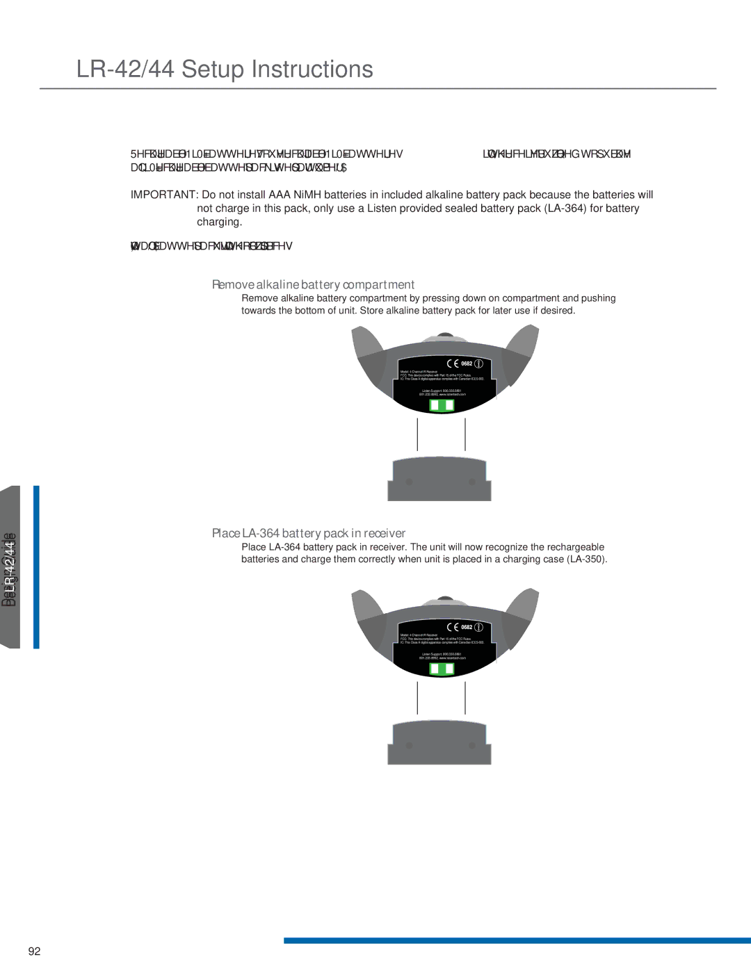 Listen Technologies LA-350, LR-42, LR-44, LA-351, LT-82LA manual Place LA-364 battery pack in receiver 