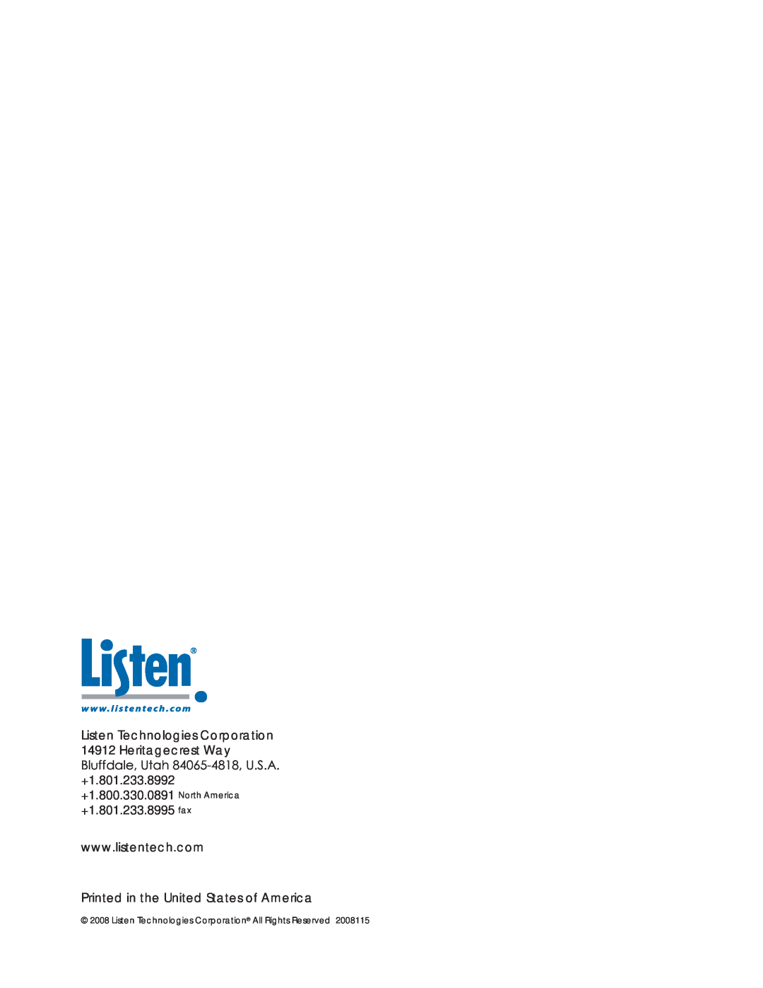Listen Technologies LA-350, LR-42, LR-44, LA-351, LT-82LA manual Printed in the United States of America 