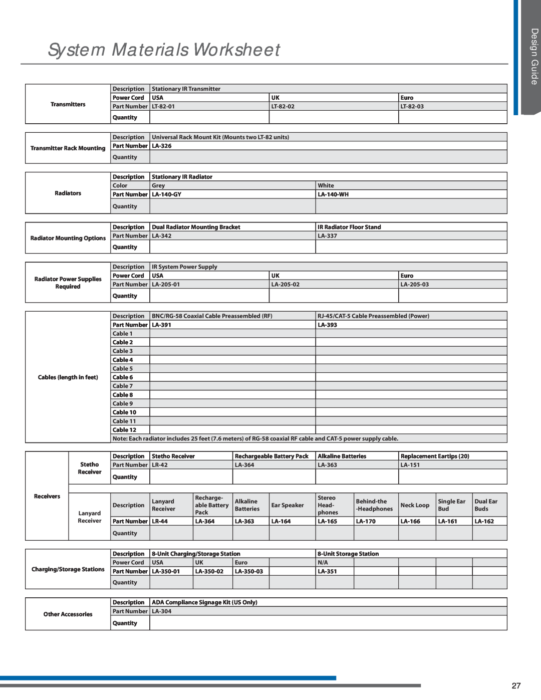 Listen Technologies LA-350, LR-42, LR-44, LA-351, LT-82LA manual System Materials Worksheet, DesignDesign GuideGuide 
