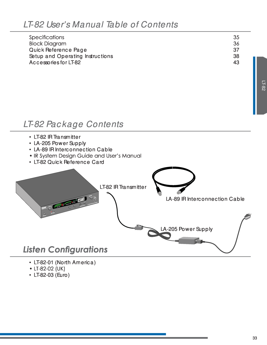 Listen Technologies LT-82LA, LR-42, LR-44 LT-82User’s Manual Table of Contents, LT-82Package Contents, Lvwhq&Rqàjxudwlrqv 