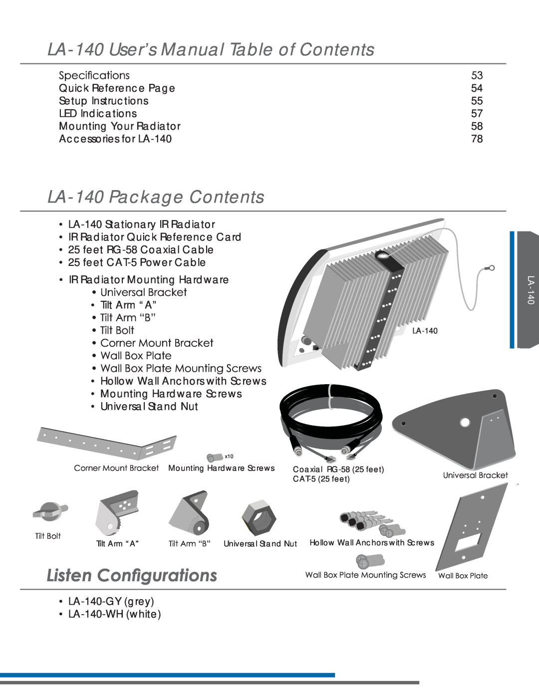 Listen Technologies LA-351, LR-42, LR-44 LA-140User’s Manual Table of Contents, LA-140Package Contents, Lvwhq&Rqàjxudwlrqv 