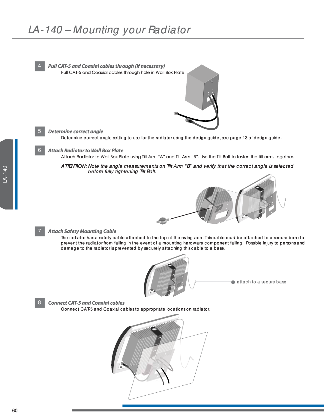 Listen Technologies LR-44 LA-140- Mounting your Radiator, 5Determine correct angle, 6Attach Radiator to Wall Box Plate 
