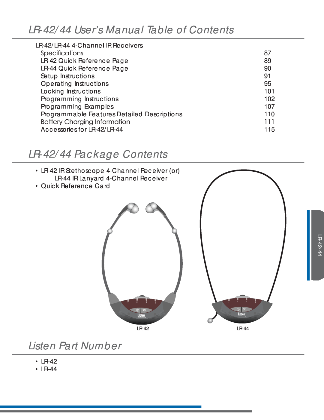 Listen Technologies LR-44, LA-351 LR-42/44User’s Manual Table of Contents, LR-42/44Package Contents, Listen Part Number 