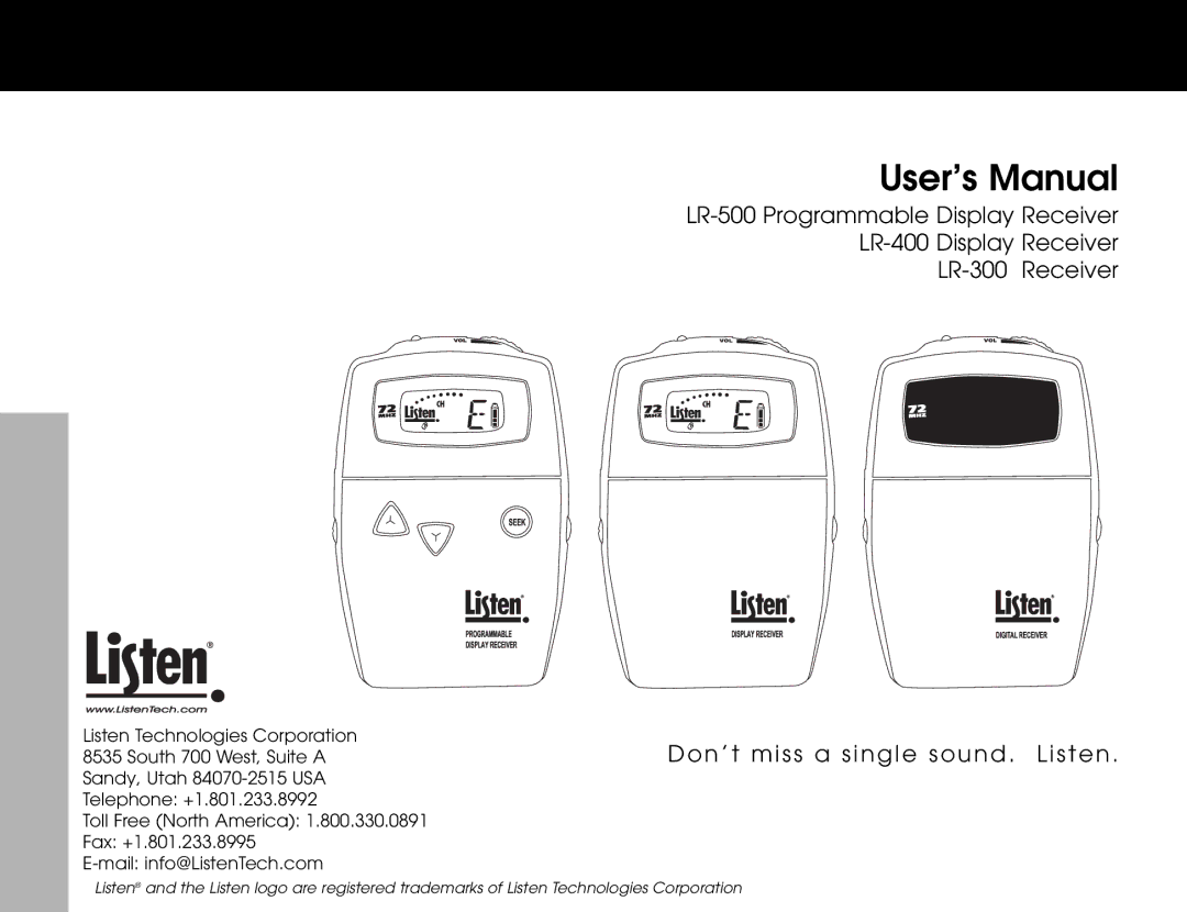 Listen Technologies LR-400, LR-500, LR-300 user manual User’s Manual 