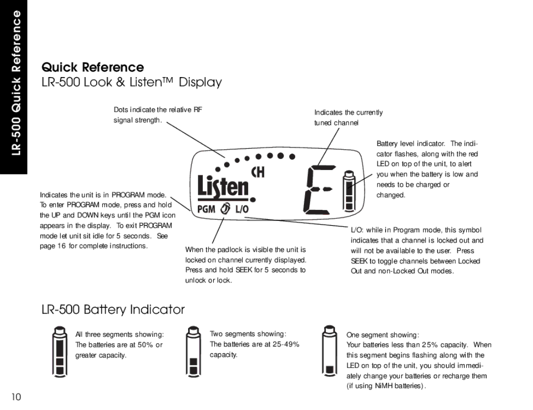 Listen Technologies LR-400, LR-300 user manual Quick Reference LR-500 Look & Listen Display, LR-500 Battery Indicator 