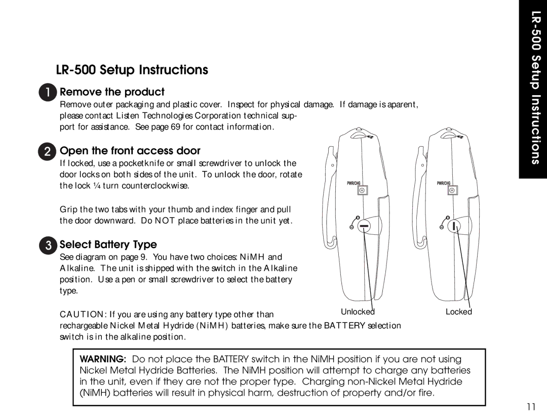 Listen Technologies LR-400 LR-500 Setup Instructions, Remove the product, Open the front access door, Select Battery Type 