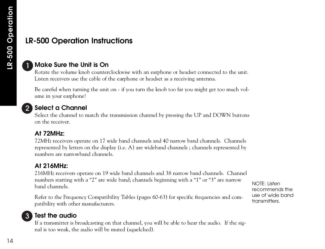 Listen Technologies LR-400, LR-300 user manual LR-500 Operation Instructions 