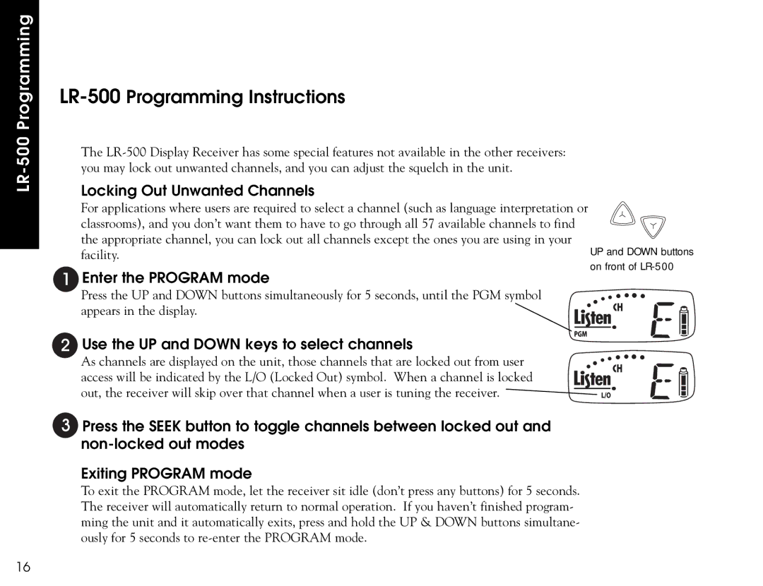 Listen Technologies LR-400 LR-500Programming Instructions, Locking Out Unwanted Channels, Enter the Program mode 