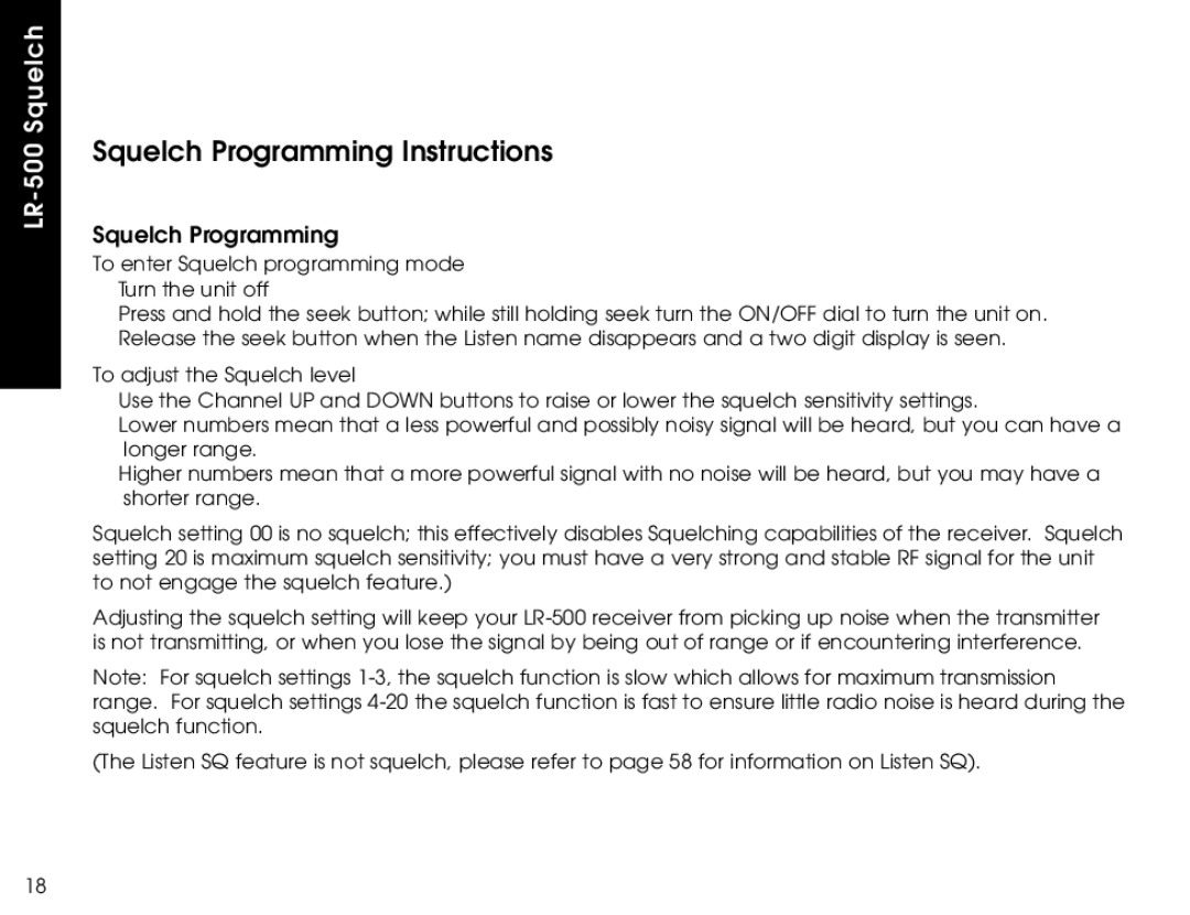 Listen Technologies LR-300, LR-500, LR-400 user manual Squelch Programming Instructions 