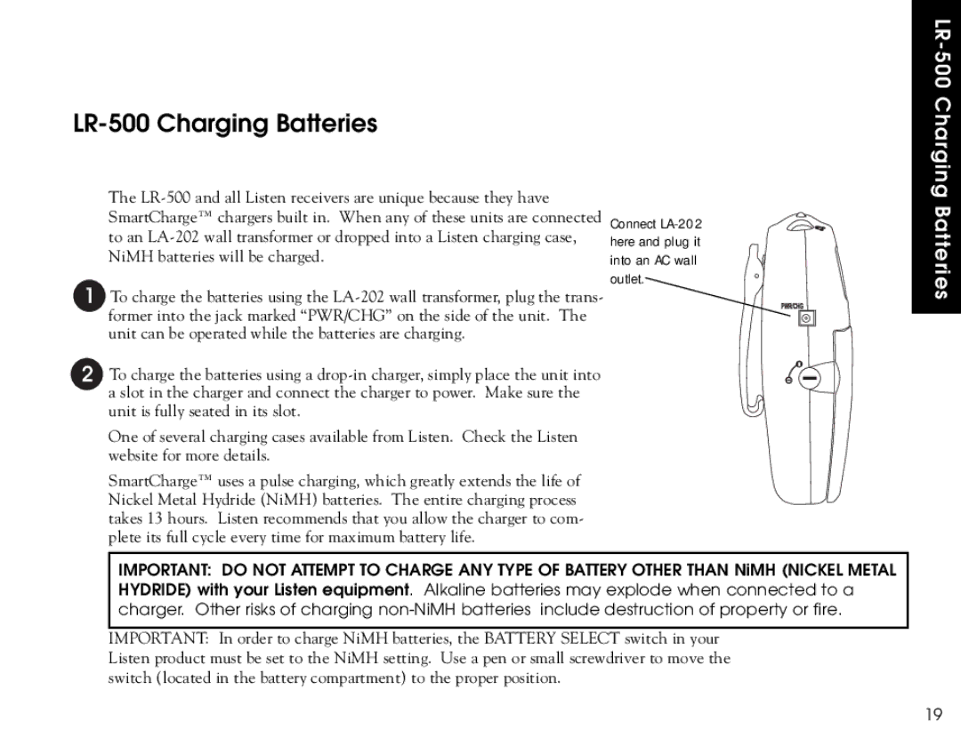 Listen Technologies LR-400, LR-300 user manual LR-500 Charging Batteries 