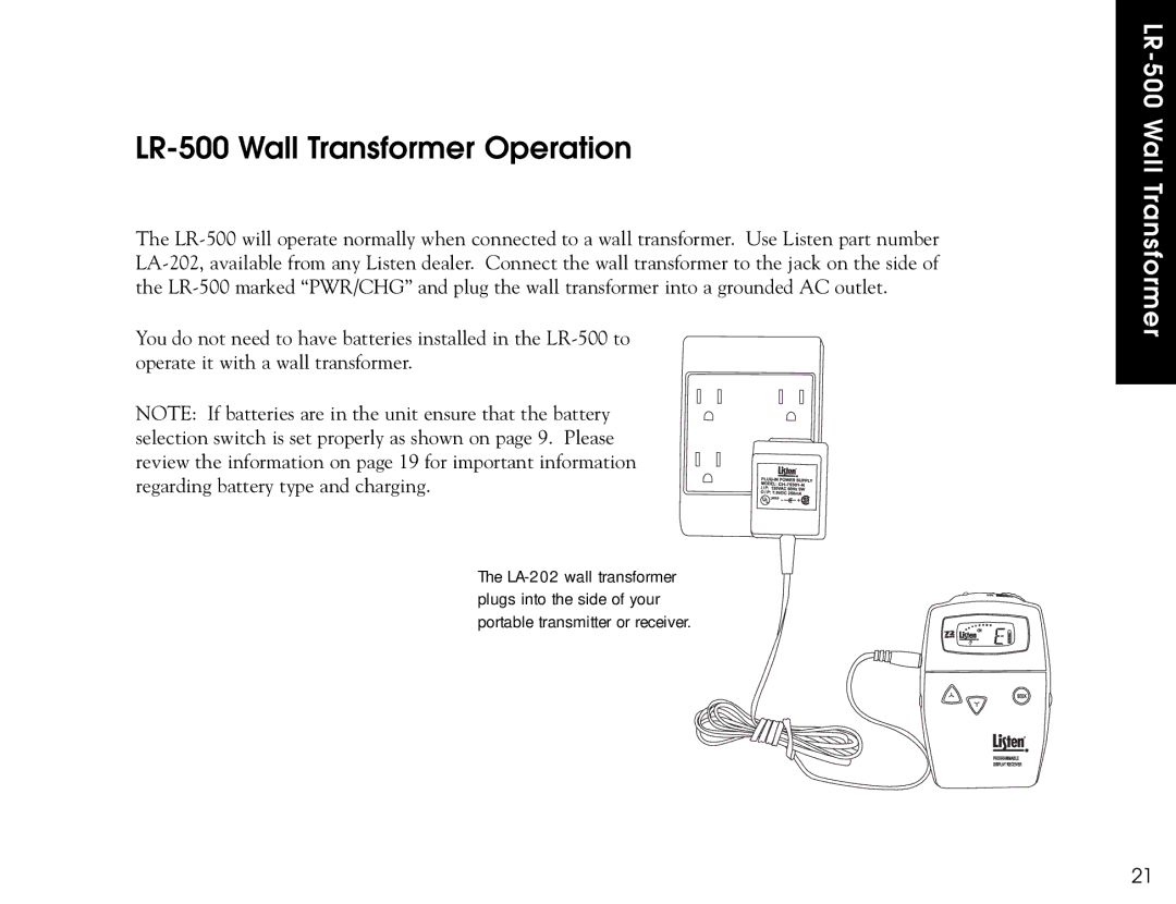 Listen Technologies LR-300, LR-400 user manual LR-500 Wall Transformer Operation 