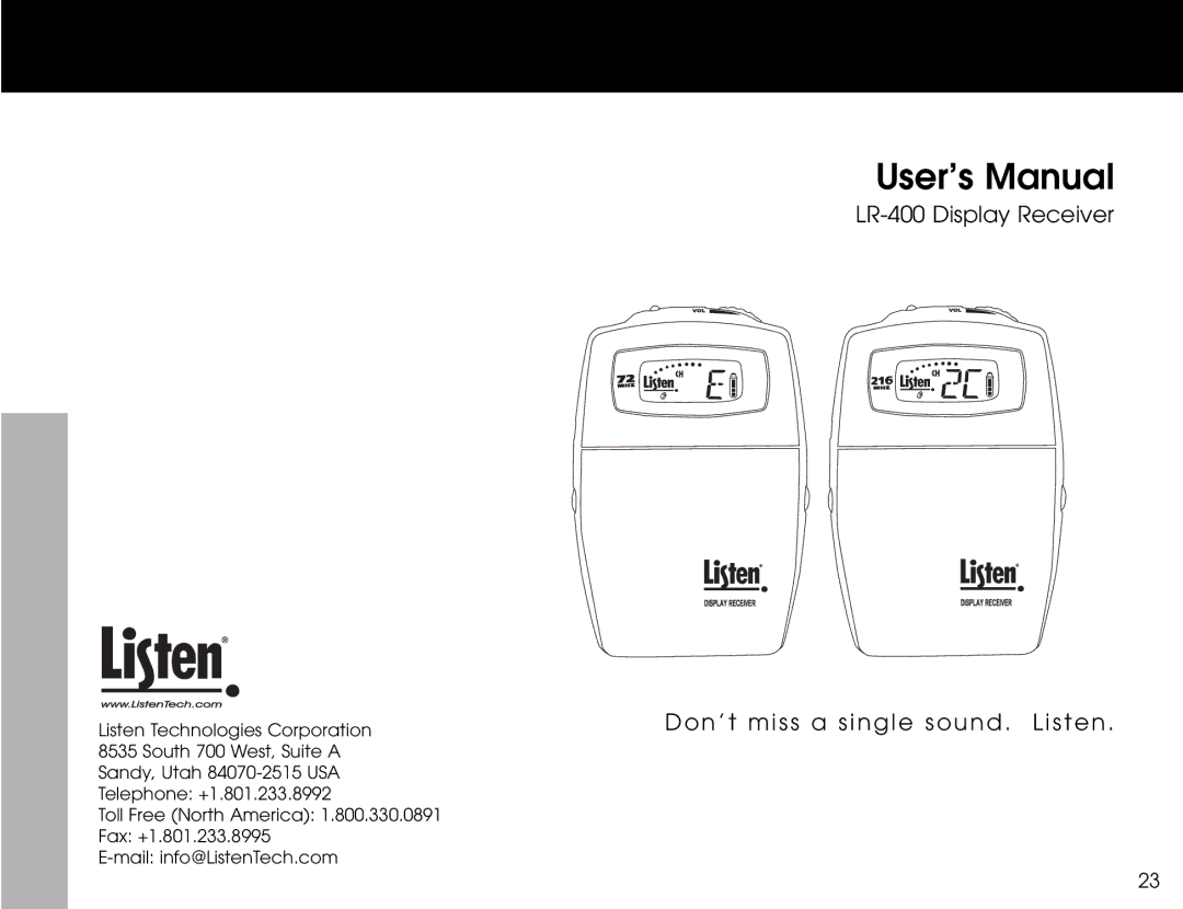Listen Technologies LR-400, LR-500, LR-300 user manual User’s Manual 