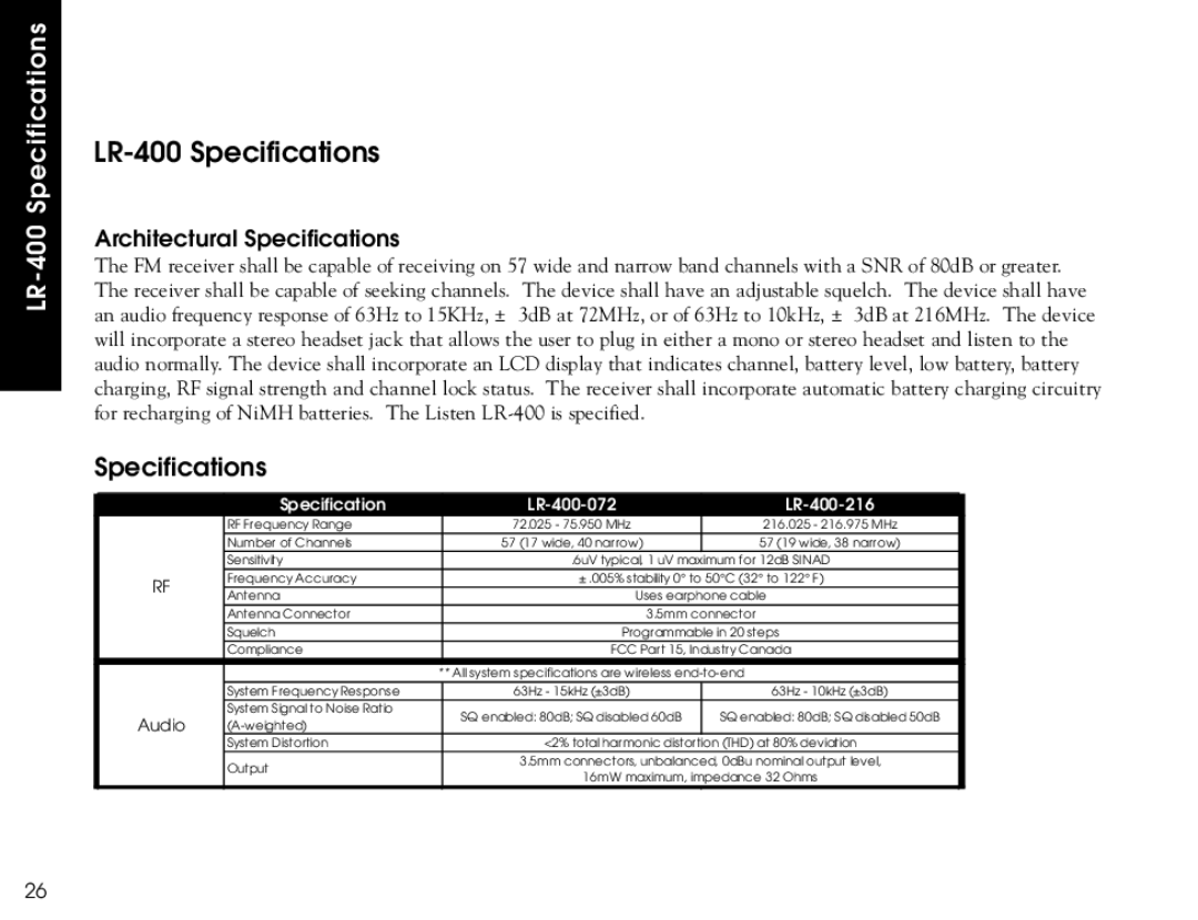 Listen Technologies LR-500, LR-300 user manual LR-400 Specifications, Specification LR-400-072 LR-400-216 