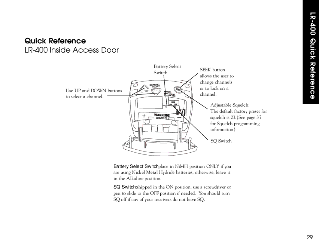 Listen Technologies LR-500, LR-300 user manual Quick Reference LR-400 Inside Access Door, Battery Select Switch 