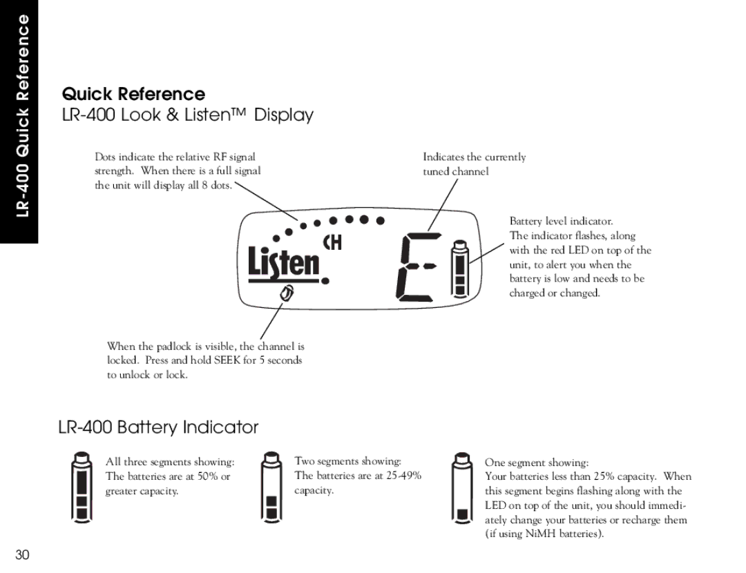 Listen Technologies LR-300, LR-500 user manual Quick Reference LR-400 Look & Listen Display, LR-400 Battery Indicator 