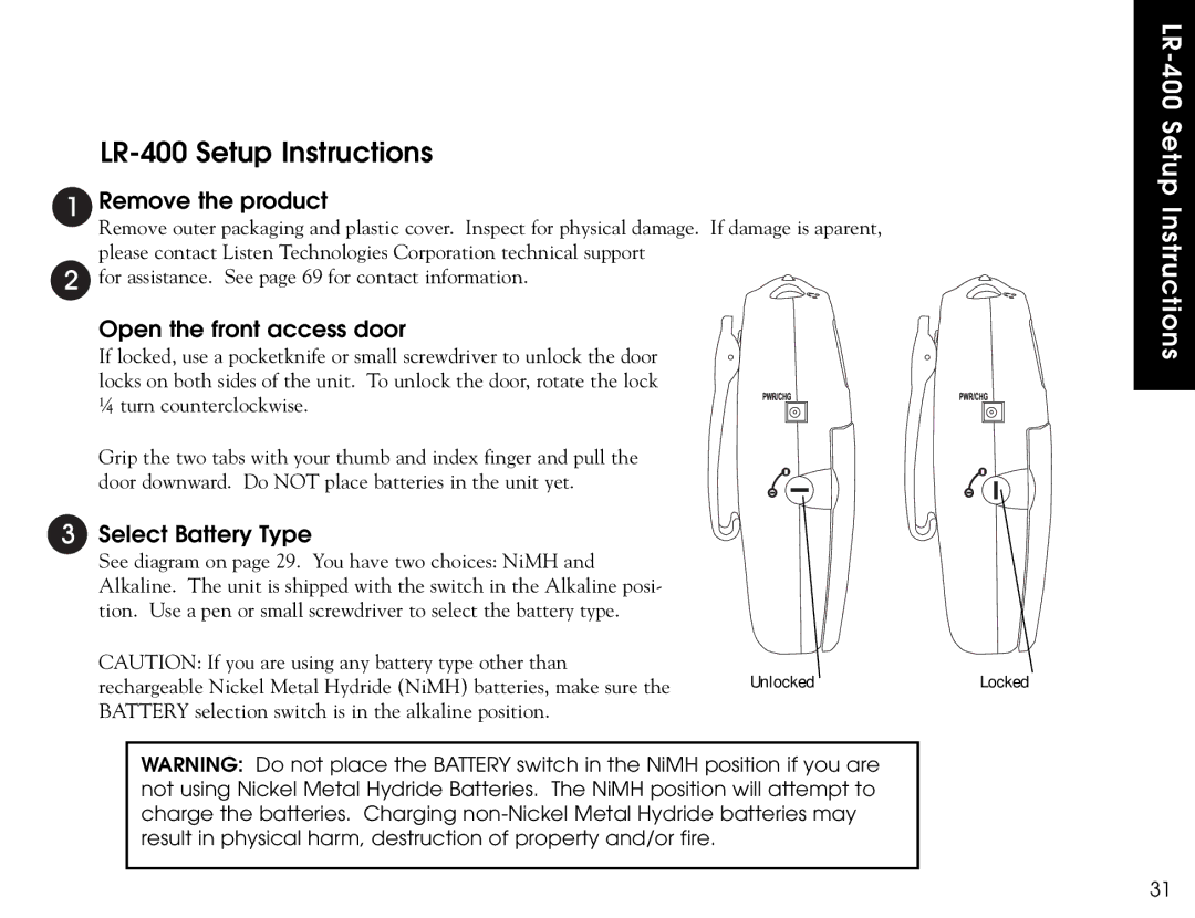 Listen Technologies LR-500, LR-300 user manual LR-400 Setup Instructions, Remove the product 