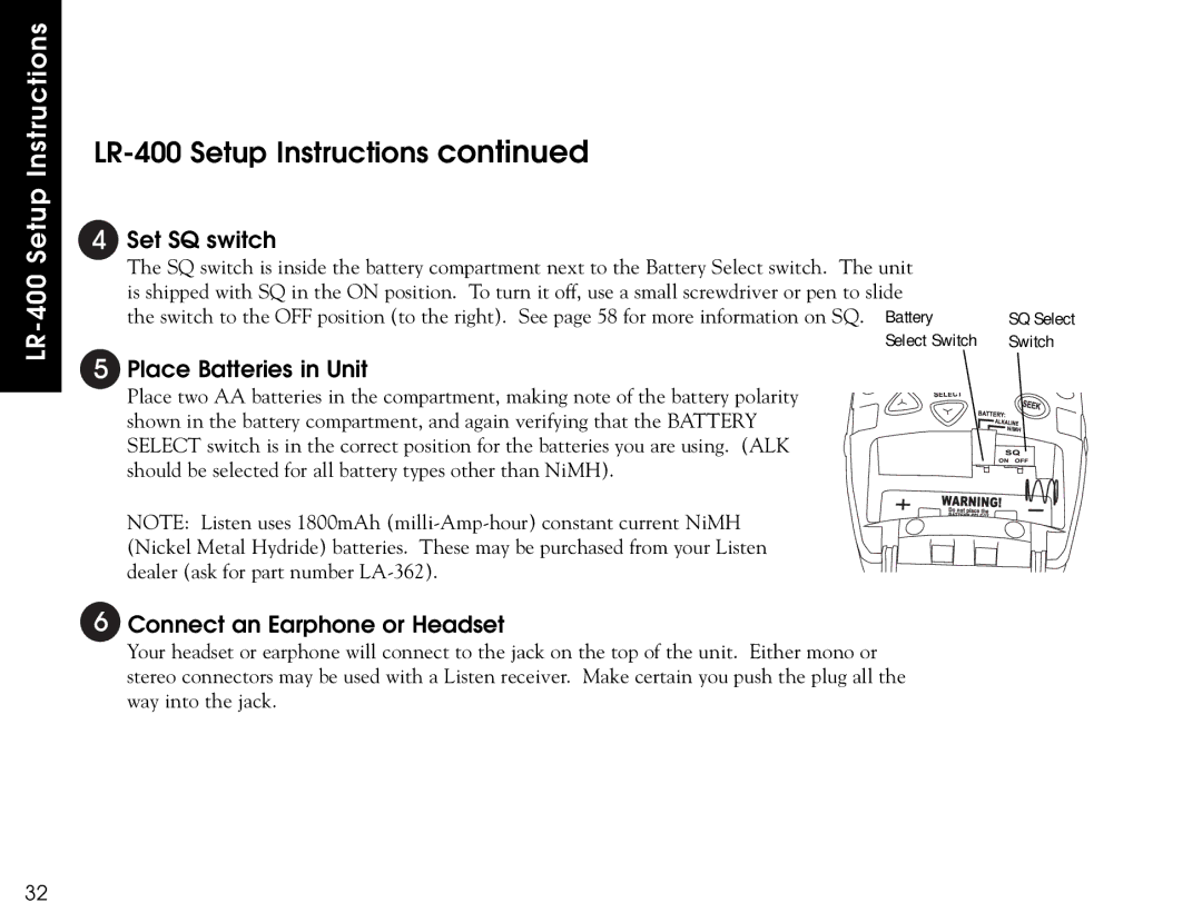 Listen Technologies LR-400, LR-500, LR-300 user manual Set SQ switch 