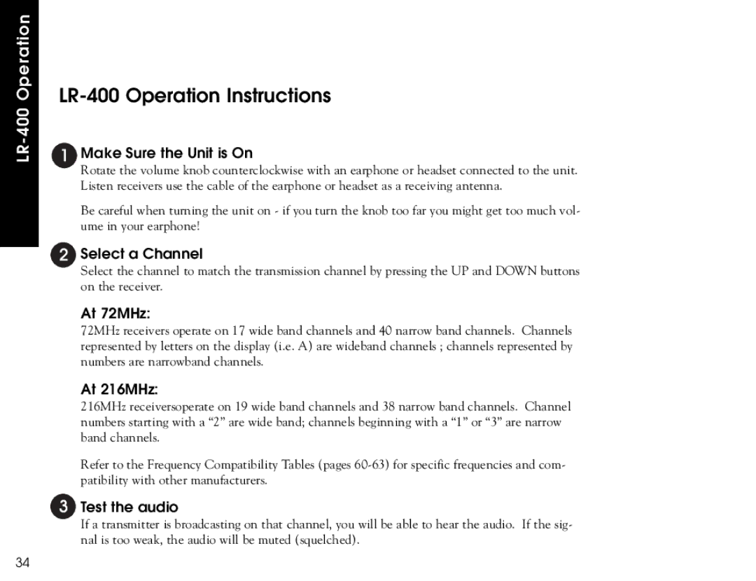 Listen Technologies LR-500, LR-300 user manual LR-400 Operation Instructions, Make Sure the Unit is On 