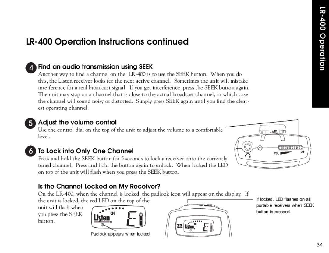 Listen Technologies LR-400, LR-500, LR-300 user manual Find an audio transmission using Seek 