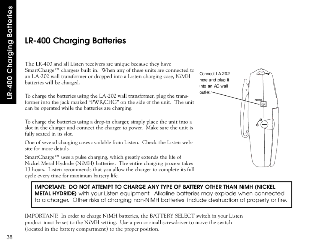 Listen Technologies LR-500, LR-300 user manual LR-400 Charging Batteries 