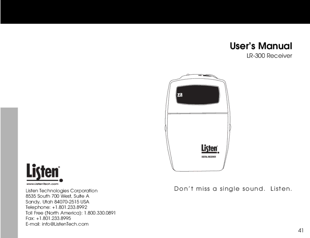 Listen Technologies LR-400, LR-500, LR-300 user manual User’s Manual 