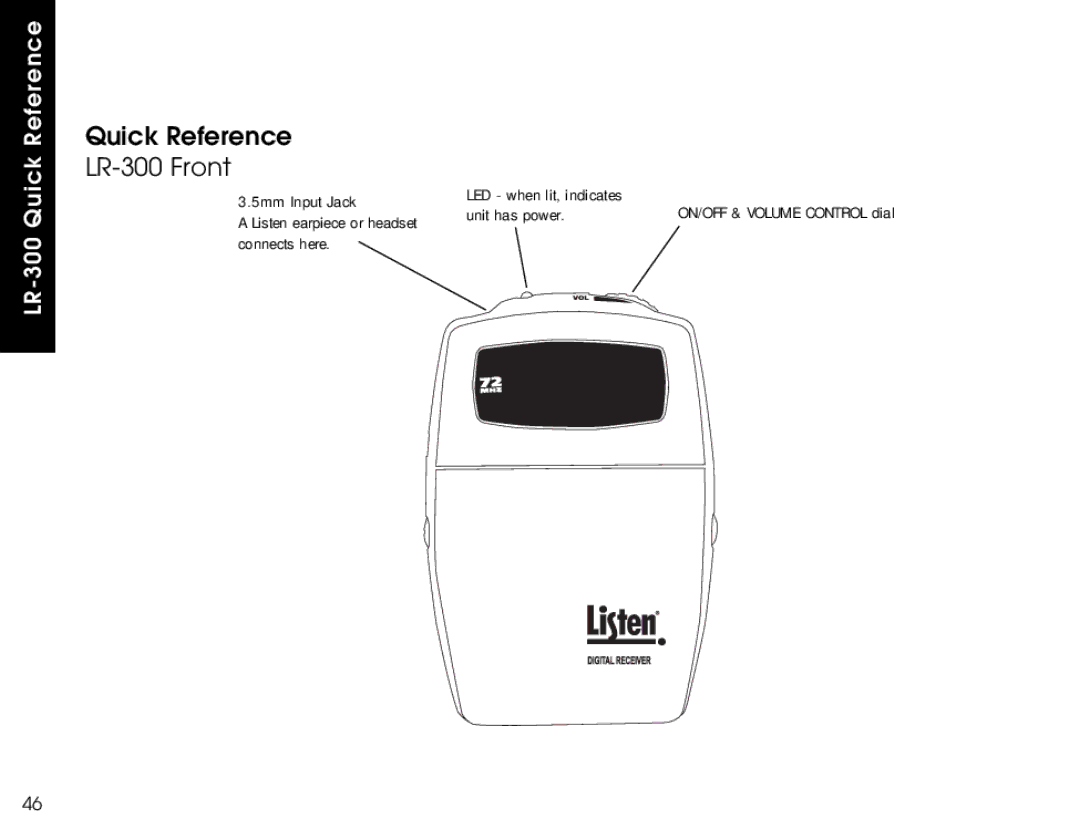 Listen Technologies LR-500, LR-400 user manual Quick Reference LR-300 Front 