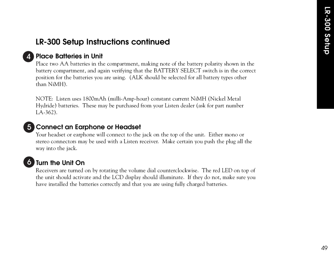 Listen Technologies LR-500, LR-400, LR-300 user manual Place Batteries in Unit 