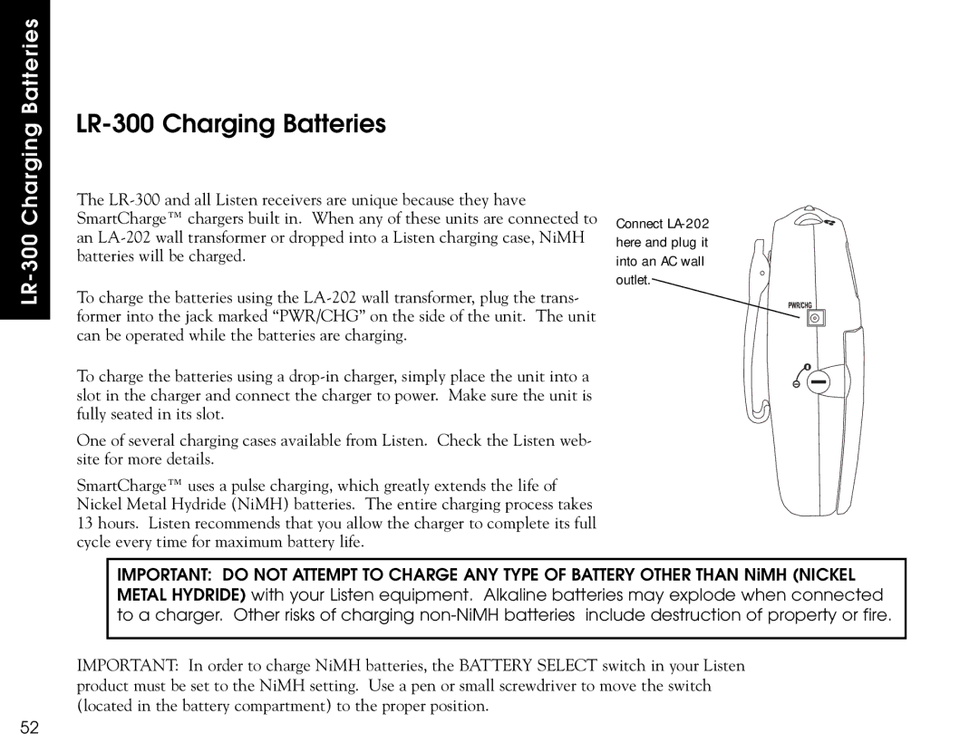 Listen Technologies LR-500, LR-400 user manual LR-300 Charging Batteries 