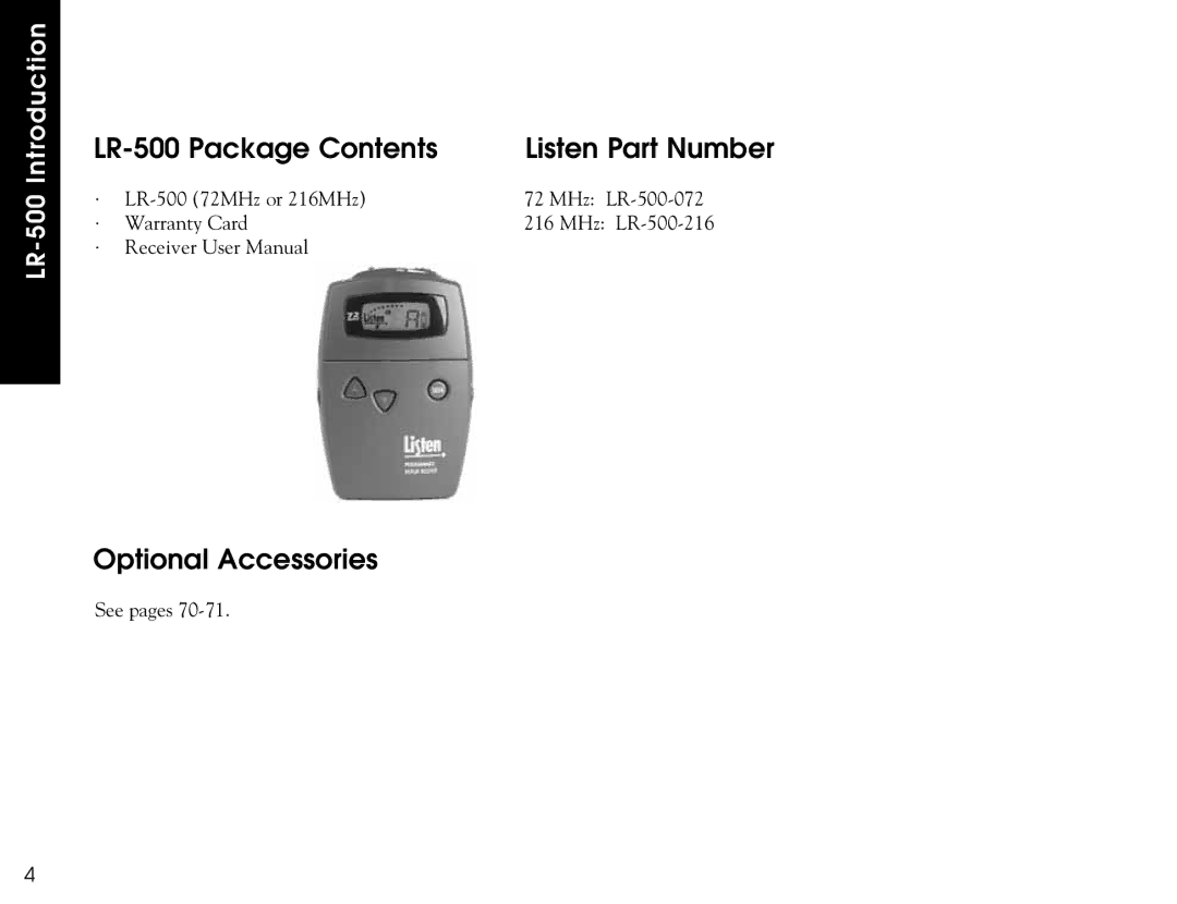 Listen Technologies LR-400, LR-300 user manual LR-500 Package Contents Listen Part Number, Optional Accessories 