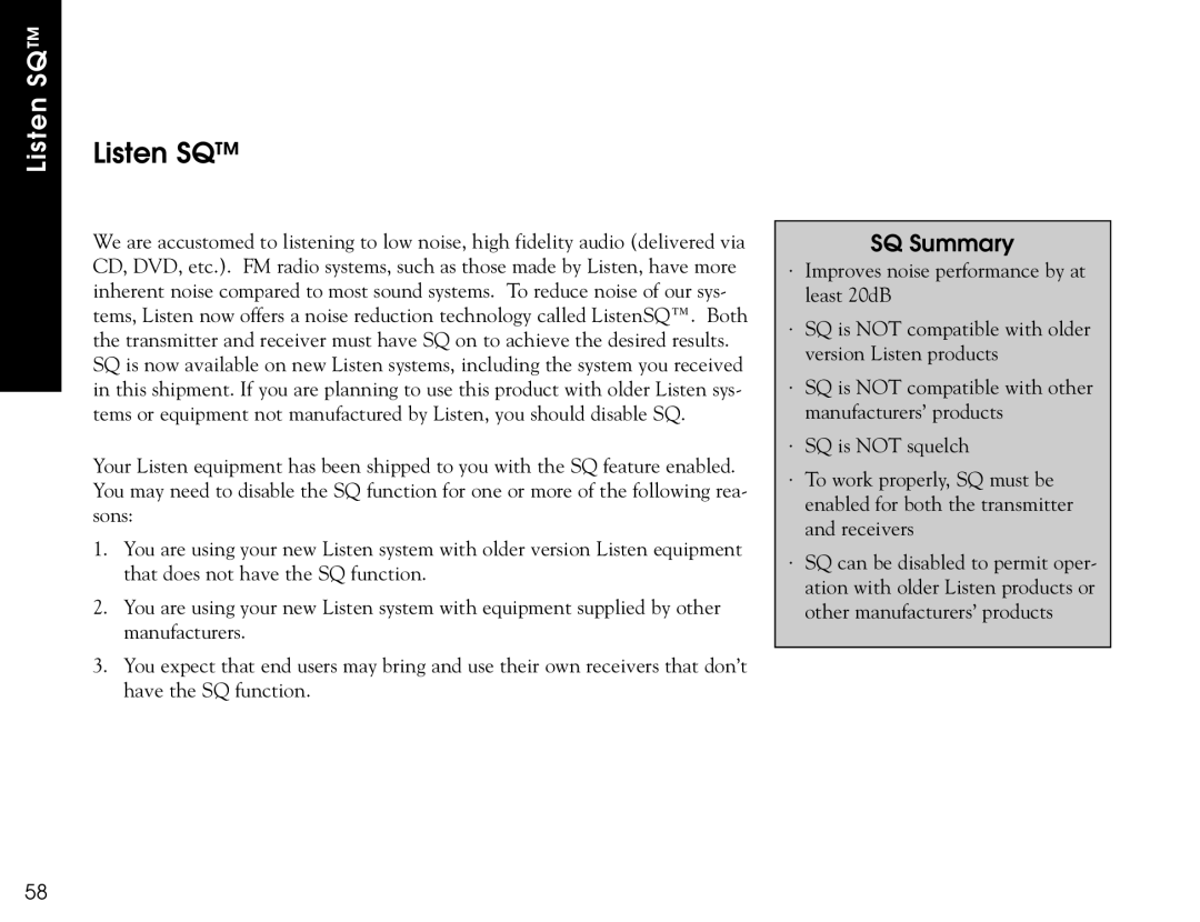 Listen Technologies LR-500, LR-400, LR-300 user manual Listen SQ, SQ Summary 