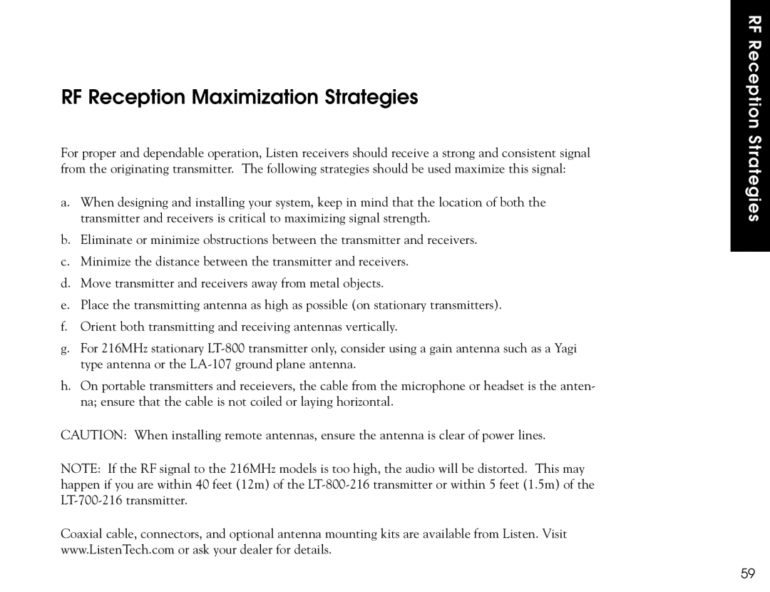 Listen Technologies LR-400, LR-500, LR-300 user manual RF Reception Maximization Strategies 