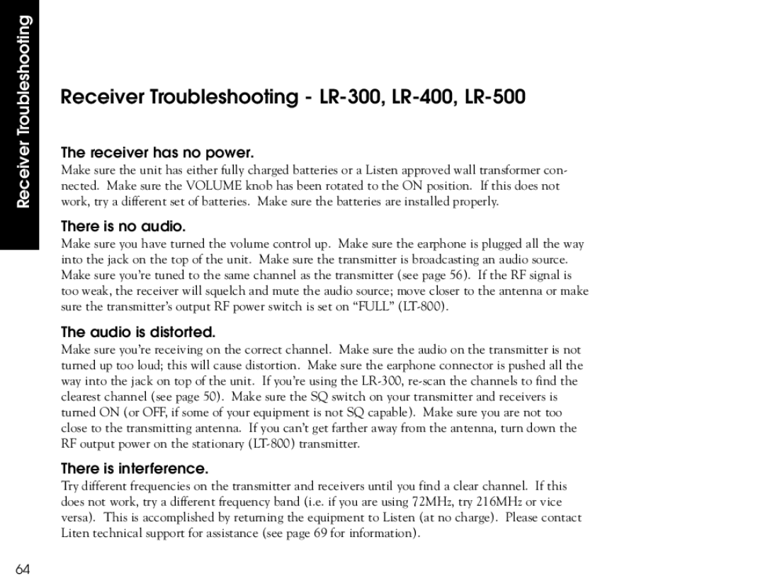 Listen Technologies Receiver Troubleshooting LR-300, LR-400, LR-500, Receiver has no power, There is no audio 