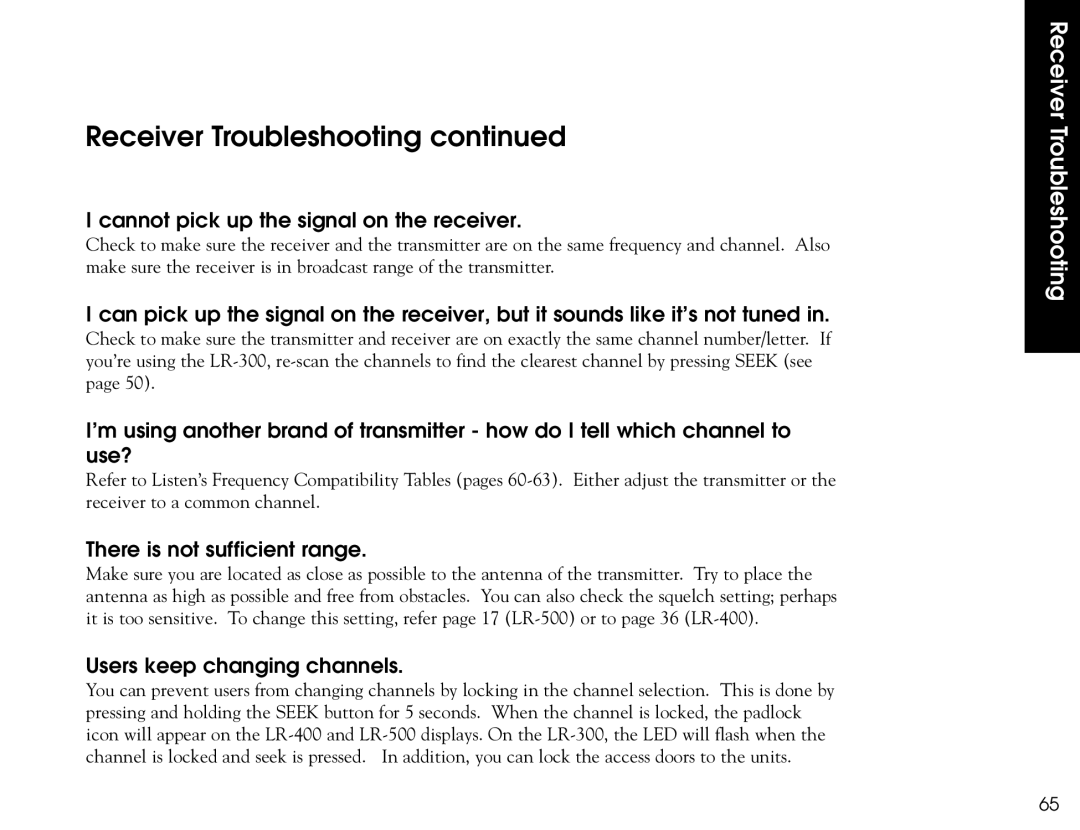 Listen Technologies LR-400, LR-500, LR-300 user manual Receiver Troubleshooting, Cannot pick up the signal on the receiver 