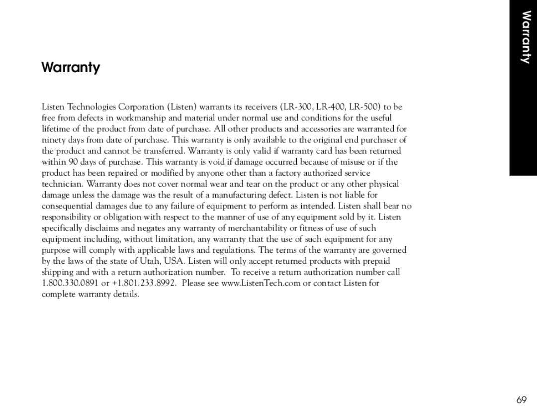 Listen Technologies LR-300, LR-500, LR-400 user manual Warranty 