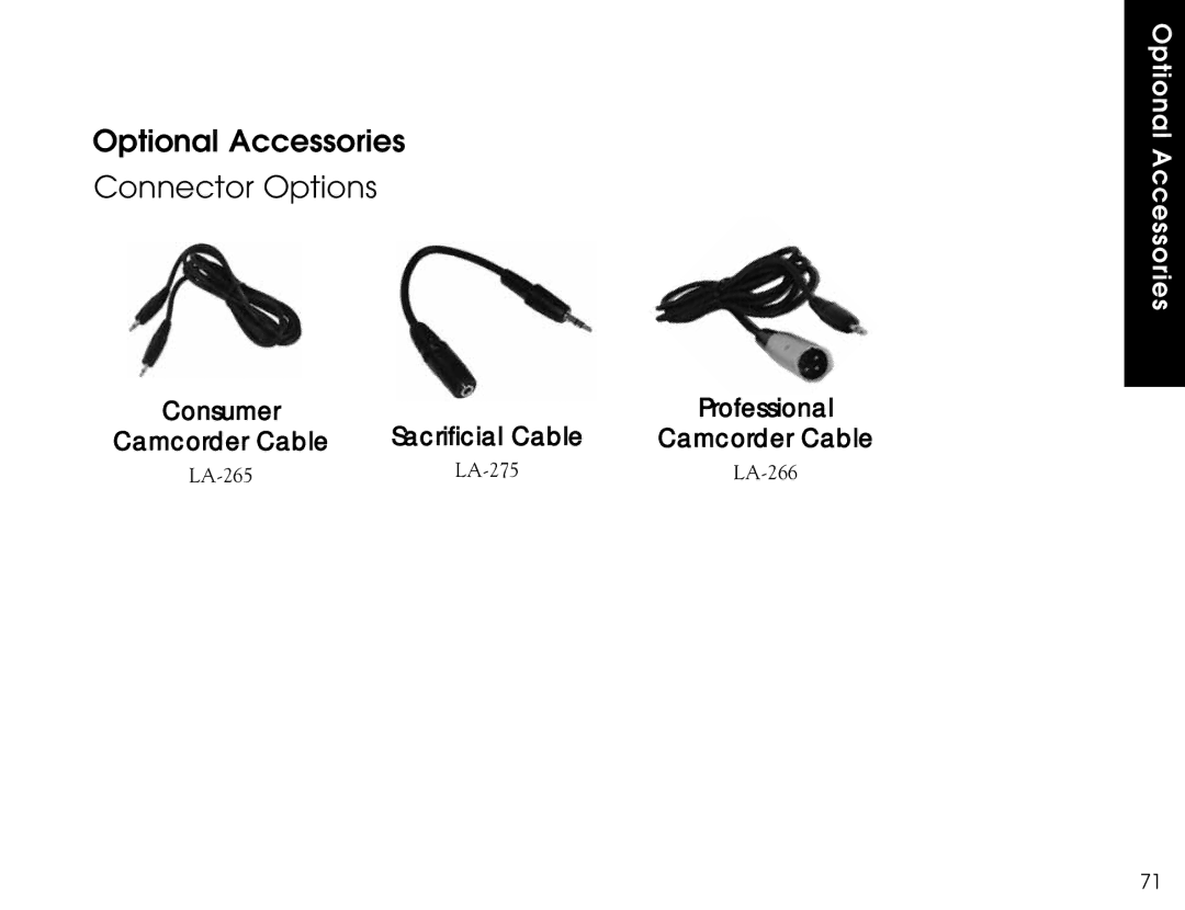 Listen Technologies LR-400, LR-500, LR-300 user manual Optional Accessories Connector Options, Professional Camcorder Cable 