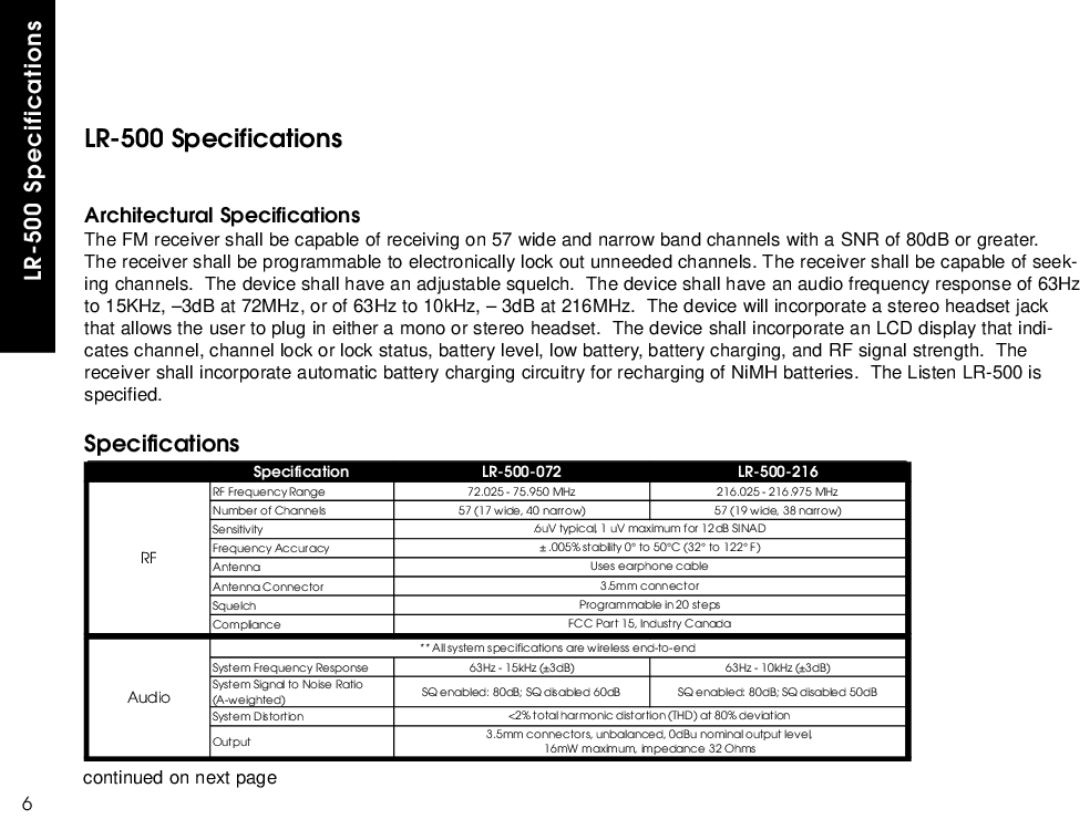 Listen Technologies LR-300, LR-400 user manual LR-500 Specifications, Architectural Specifications 