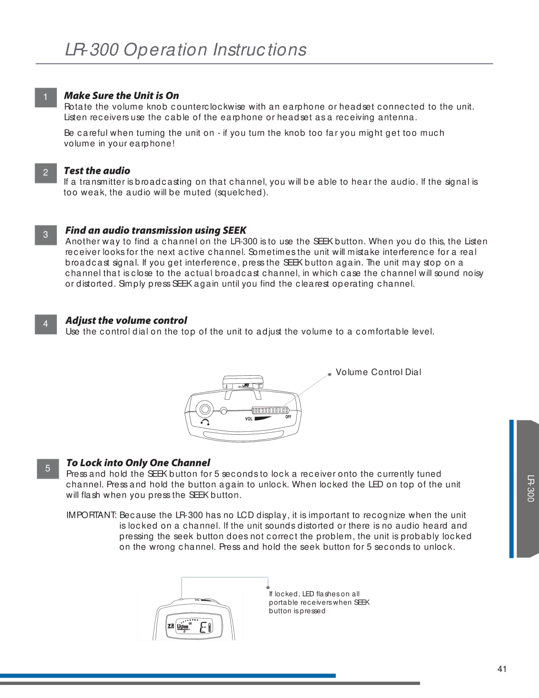 Listen Technologies LR-500, LR-400 manual LR-300 Operation Instructions 