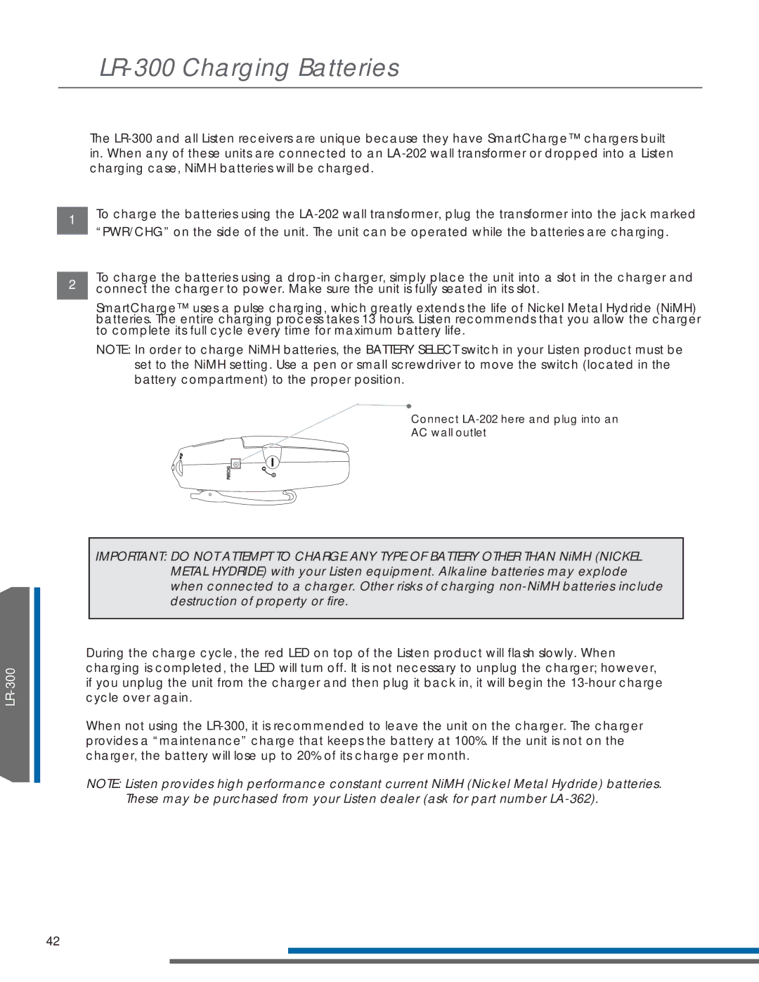 Listen Technologies LR-400, LR-500 manual LR-300 Charging Batteries 