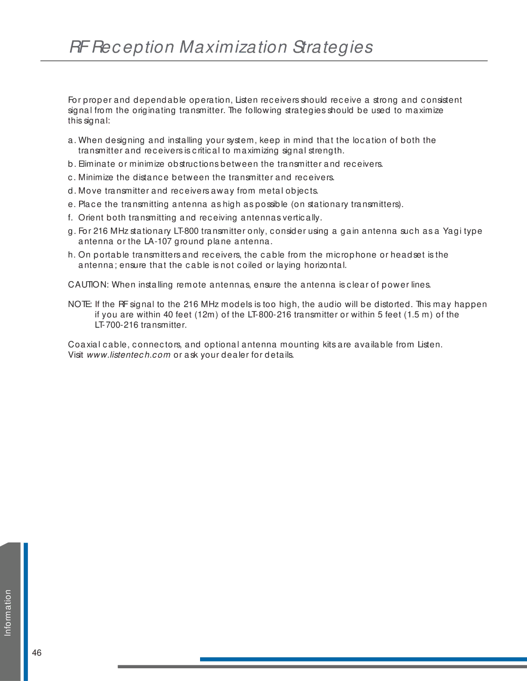 Listen Technologies LR-300, LR-500, LR-400 manual RF Reception Maximization Strategies 