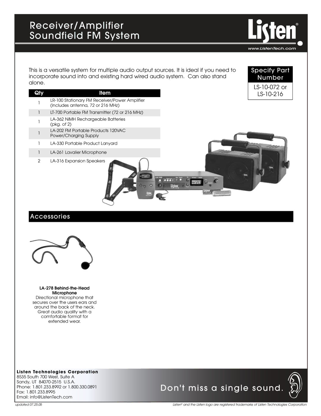 Listen Technologies LS-10-072 manual Receiver/Amplifier Soundfield FM System, Dont miss a single sound, Accessories 