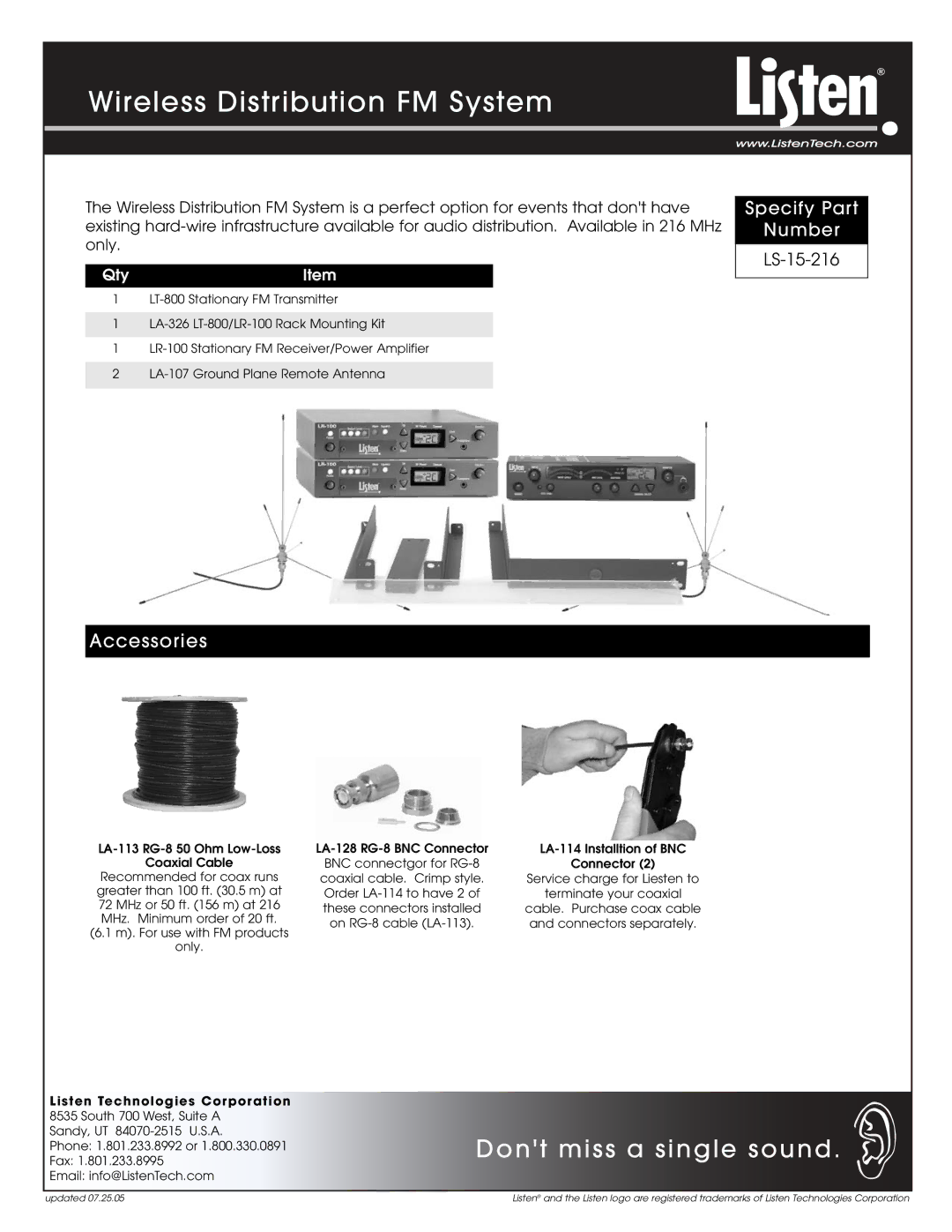 Listen Technologies LS-15-216 manual Wireless Distribution FM System, Dont miss a single sound, Accessories, QtyItem 