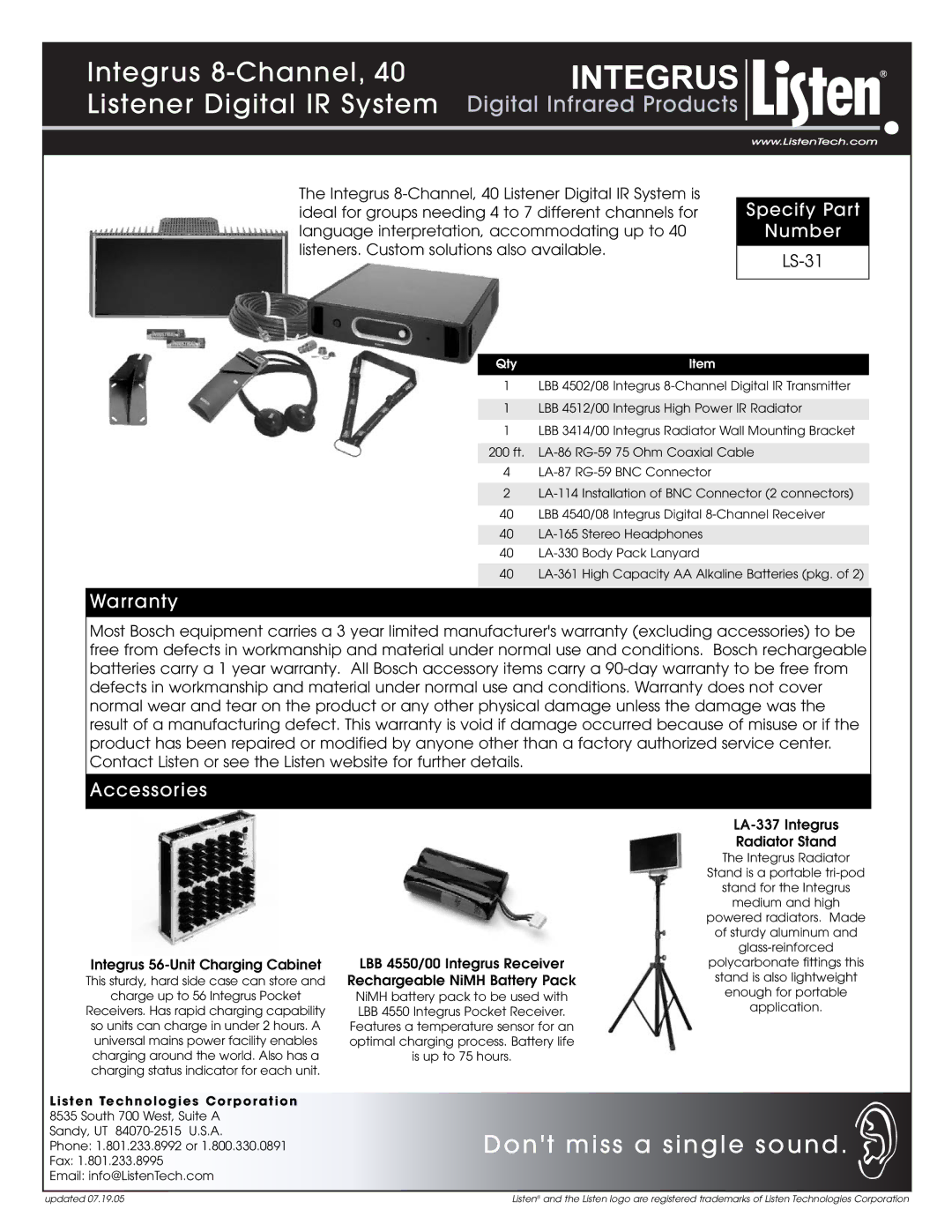 Listen Technologies LS-31 warranty Warranty, Accessories, Integrus 56-Unit Charging Cabinet 