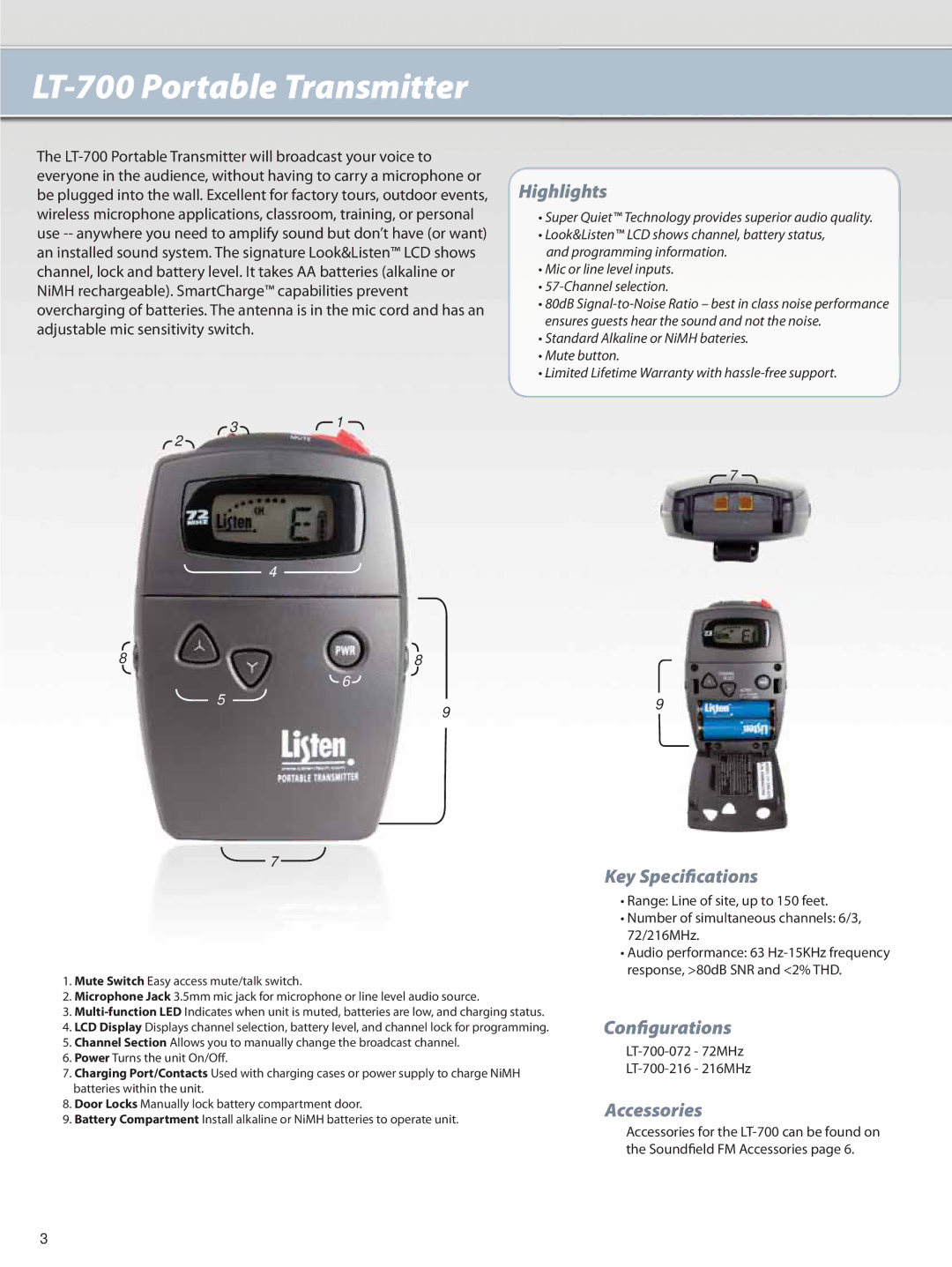 Listen Technologies LS-60 manual LT-700 Portable Transmitter, Key Specifications, Configurations, Accessories 